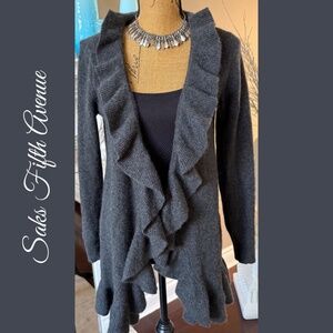 Saks Fifth Avenue BLACK 100% Cashmere Ruffle Waterfall Cardigan Sweater Size L